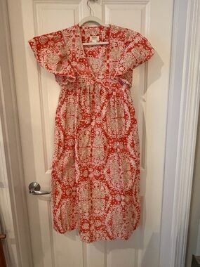 Anthropologie Maeve Coral and Cream Floral Cotton Midi Dress